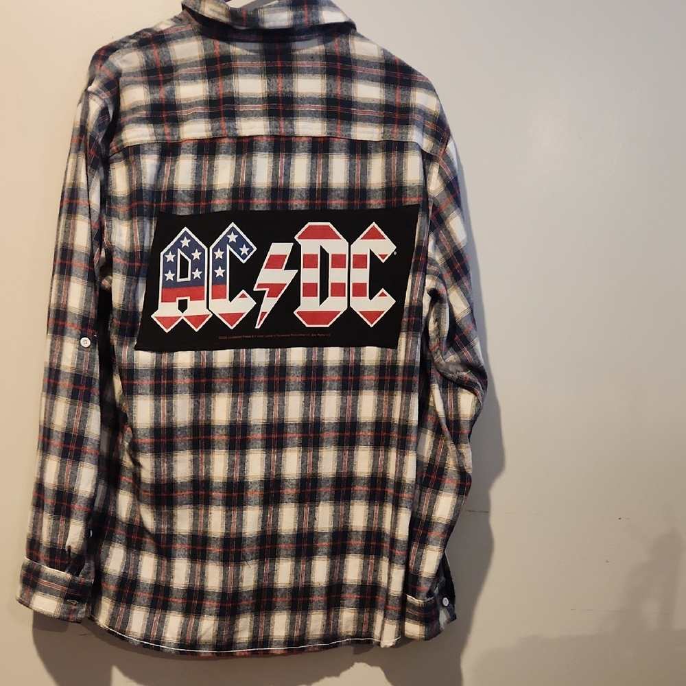 Upcycled Flannel Shirt With AC/ DC LOGO. MENS SZ LG
